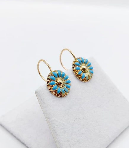 Boucles d'oreilles Dormeuses fleur antiques en or 18k et émail bleu turquoise 58 Facettes A06781