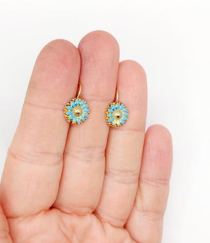 Boucles d'oreilles Dormeuses fleur antiques en or 18k et émail bleu turquoise 58 Facettes A06781