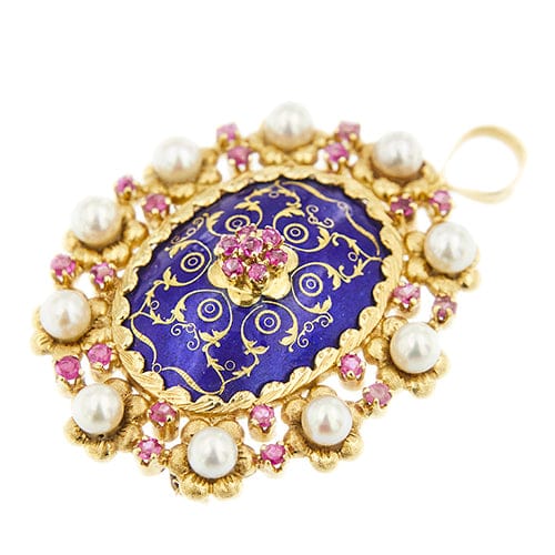 Pendentif Spilla pendentif ovale en or jaune 18 kt avec perles et rubis 58 Facettes 38907