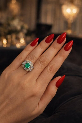 Bague 56 Bague vintage Art déco en or jaune et or blanc 18 k, émeraude et diamants 58 Facettes 50437