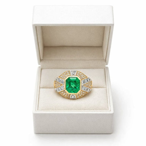 Bague 56 Bague vintage Art déco en or jaune et or blanc 18 k, émeraude et diamants 58 Facettes 50437