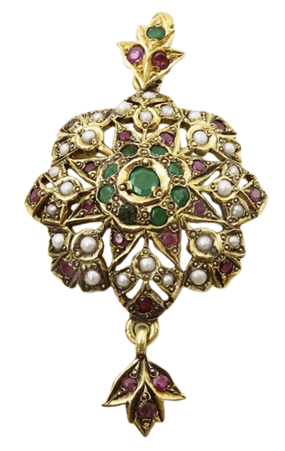 Pendentif Pendentif vintage en or 14 carats avec rubis, émeraudes et perles 58 Facettes pendant 5