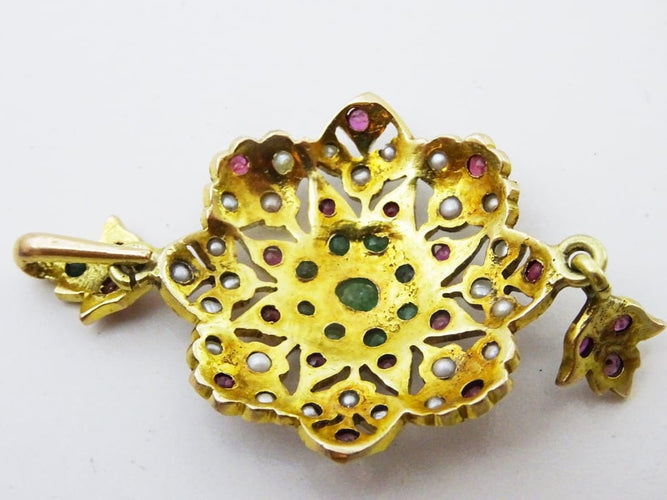 Pendentif Pendentif vintage en or 14 carats avec rubis, émeraudes et perles 58 Facettes pendant 5