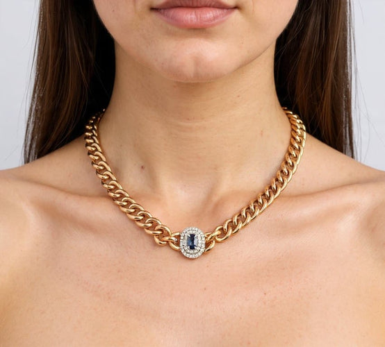 Collier Collier moderne avec pendentif en or jaune 18 ct, diamants et saphir 58 Facettes 131/26 E