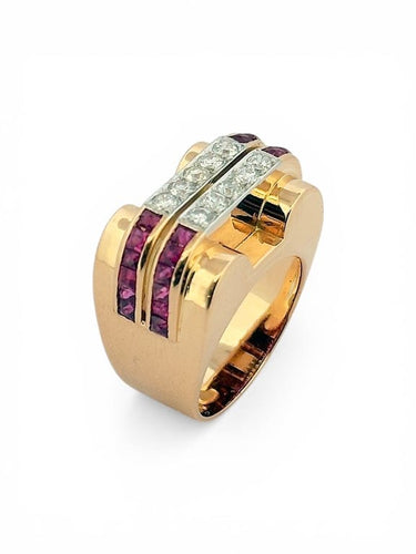 Bague 52 Bague tank en or rose et blanc 18 carats, rubis et diamants 58 Facettes 90691-ac12538