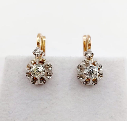 Boucles d'oreilles Dormeuses antiques en or rose 18k, platine et diamants taille ancienne 58 Facettes A06748