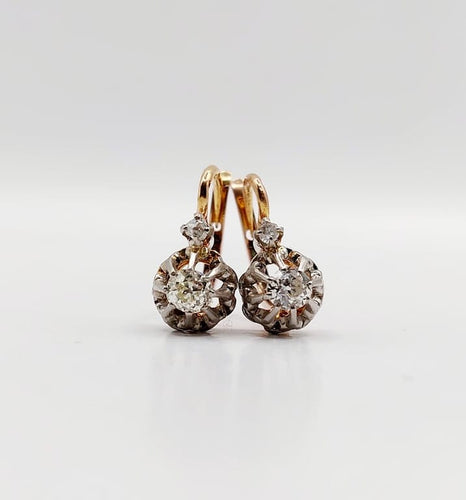 Boucles d'oreilles Dormeuses antiques en or rose 18k, platine et diamants taille ancienne 58 Facettes A06748