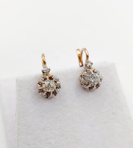 Boucles d'oreilles Dormeuses antiques en or rose 18k, platine et diamants taille ancienne 58 Facettes A06748