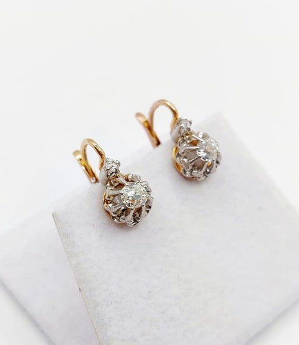 Boucles d'oreilles Dormeuses antiques en or rose 18k, platine et diamants taille ancienne 58 Facettes A06748