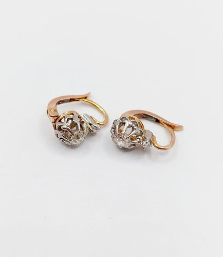 Boucles d'oreilles Dormeuses antiques en or rose 18k, platine et diamants taille ancienne 58 Facettes A06748
