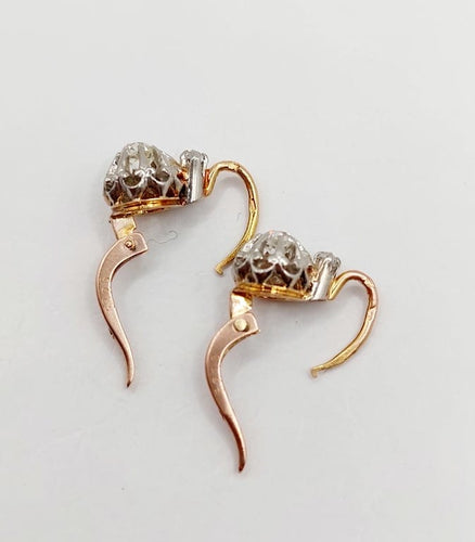 Boucles d'oreilles Dormeuses antiques en or rose 18k, platine et diamants taille ancienne 58 Facettes A06748