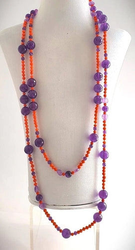 Collier Collier sautoir ancien en or jaune, corail méditerranéen et améthystes 58 Facettes