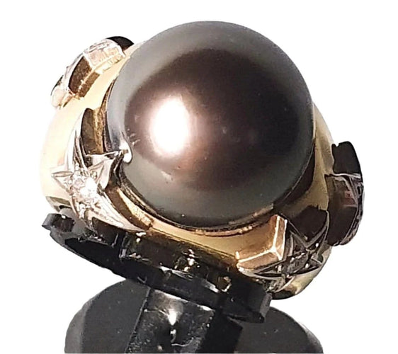 Bague 53 Bague vintage jonc en or jaune, perle de Tahiti et diamants 58 Facettes C 309