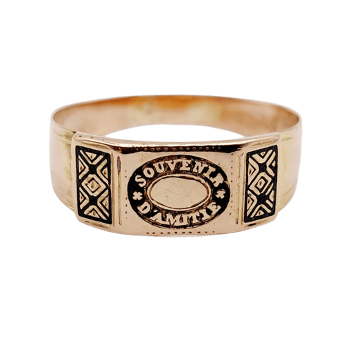 Bague 56 Bague chevalière victorienne « Souvenir d’amitié » en or rose 18k et émail 58 Facettes A06760