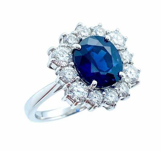 Bague 57 Bague marguerite hexagonale - Or blanc 18K, saphir et diamants 58 Facettes