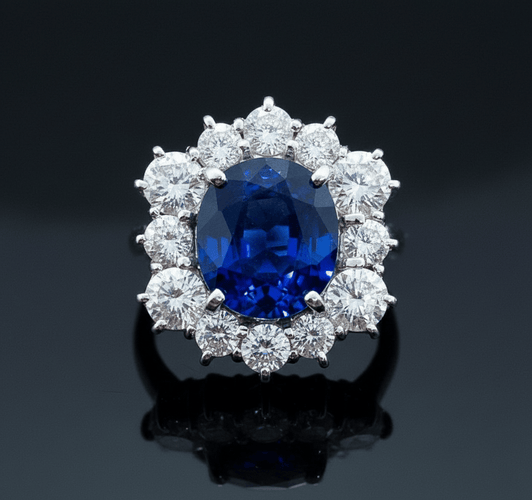 Bague 57 Bague marguerite hexagonale - Or blanc 18K, saphir et diamants 58 Facettes