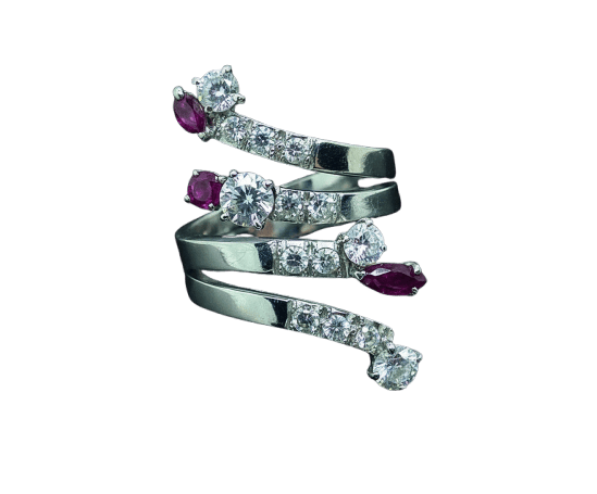 Bague 50 Bague serpent stylisée - Bague en or avec rubis et diamants 58 Facettes