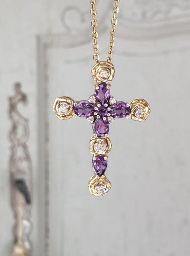 Pendentif Croix - Pendentif en or blanc et jaune 18K améthystes et diamants 58 Facettes 242