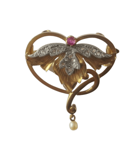 Pendentif Art Nouveau - Pendentif broche en or rose 18 carats, platine, rubis, diamants 58 Facettes Broche