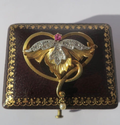 Pendentif Art Nouveau - Pendentif broche en or rose 18 carats, platine, rubis, diamants 58 Facettes Broche