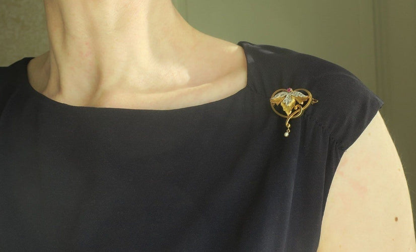 Pendentif Art Nouveau - Pendentif broche en or rose 18 carats, platine, rubis, diamants 58 Facettes Broche