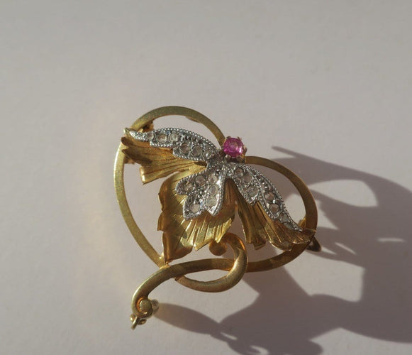 Pendentif Art Nouveau - Pendentif broche en or rose 18 carats, platine, rubis, diamants 58 Facettes Broche
