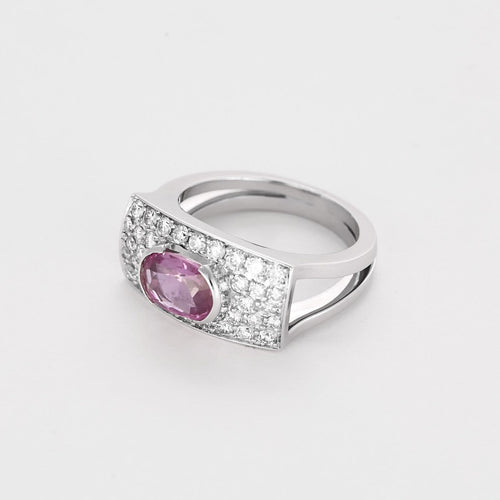 Bague 53 Bague type chevalière en or gris, diamants et saphir rose 58 Facettes ARL0991X2-1
