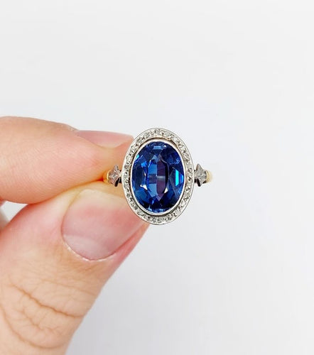 Bague 52.5 Bague pompadour Art déco en or 18k et platine, saphir synthétique et diamants 58 Facettes A06809