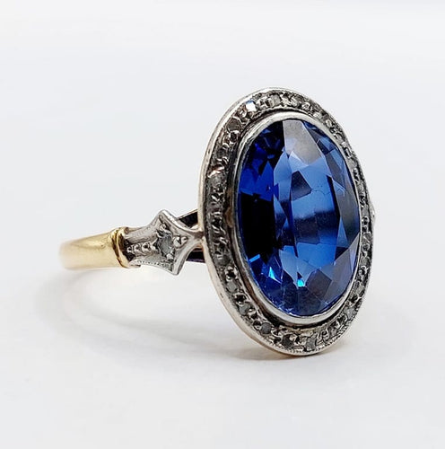 Bague 52.5 Bague pompadour Art déco en or 18k et platine, saphir synthétique et diamants 58 Facettes A06809