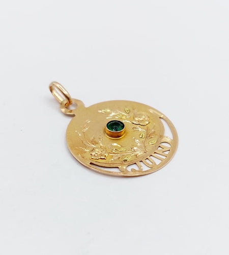 Pendentif Pendentif médaille Art nouveau en or rose 18k, pierre verte (juin) 58 Facettes A06812
