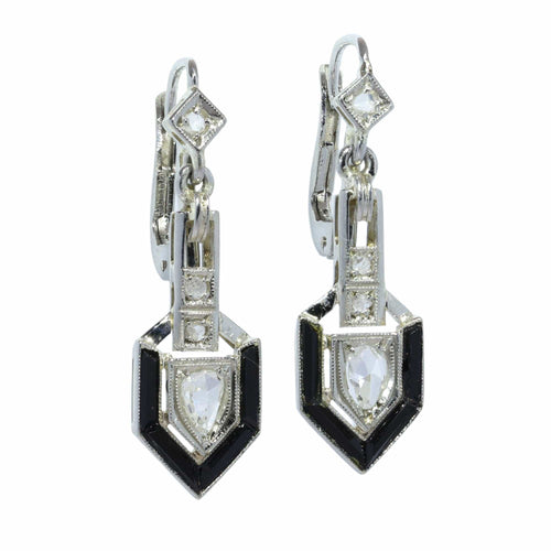 Boucles d'oreilles Boucles d'oreilles Art Déco en diamants et onyx avec pendants en diamants en forme de poire 58 Facettes 26019-0136