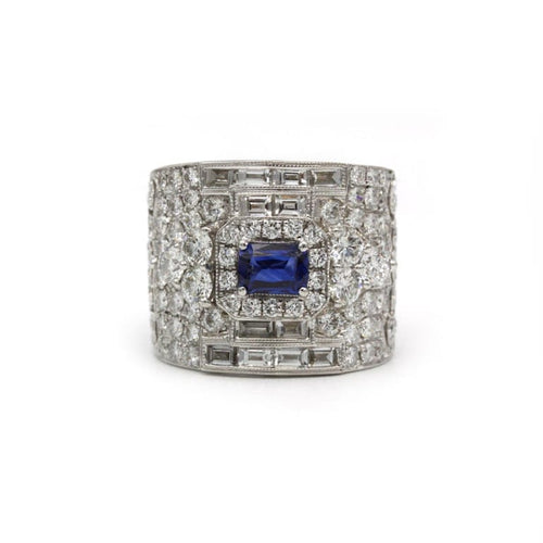 Bague 54 Bague bandeau Art déco en or blanc 750 avec diamants et saphir 58 Facettes 250369R