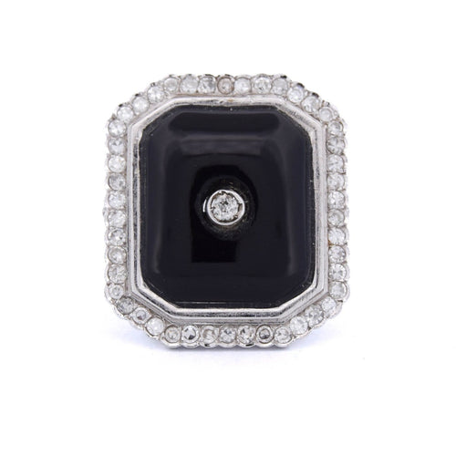 Bague 56 Bague Art déco en or blanc 18 ct avec onyx et diamants 58 Facettes AN48 (00519)