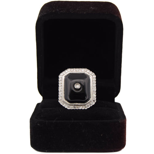 Bague 56 Bague Art déco en or blanc 18 ct avec onyx et diamants 58 Facettes AN48 (00519)