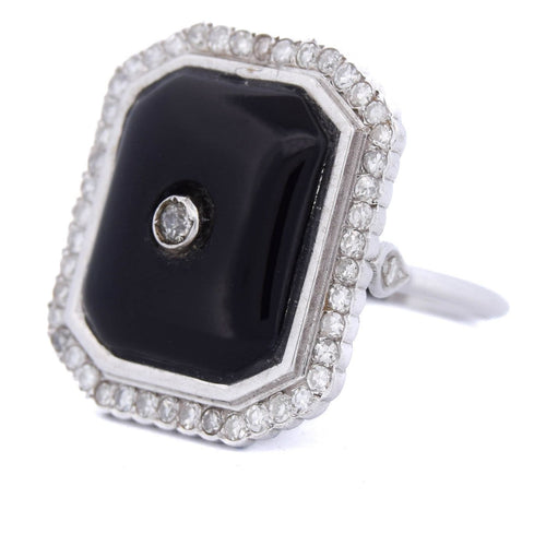 Bague 56 Bague Art déco en or blanc 18 ct avec onyx et diamants 58 Facettes AN48 (00519)
