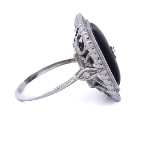 Bague 56 Bague Art déco en or blanc 18 ct avec onyx et diamants 58 Facettes AN48 (00519)