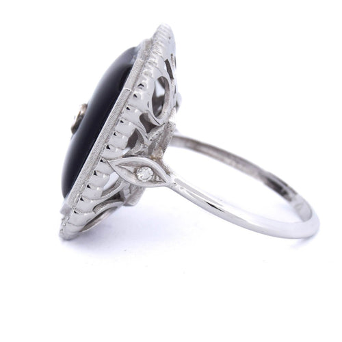 Bague 56 Bague Art déco en or blanc 18 ct avec onyx et diamants 58 Facettes AN48 (00519)