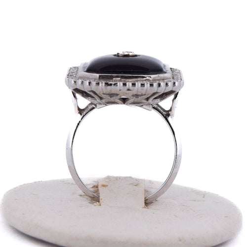 Bague 56 Bague Art déco en or blanc 18 ct avec onyx et diamants 58 Facettes AN48 (00519)