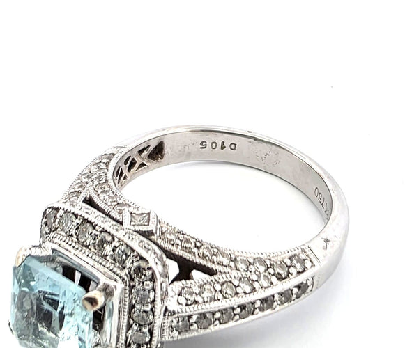 Bague 53 Bague en or blanc 18k avec aigue-marine et diamants 58 Facettes 1265 OC