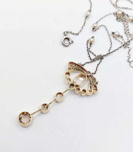 Collier Art déco - Collier en or 18k, platine, argent, diamants taille rose et perles de culture 58 Facettes A06839