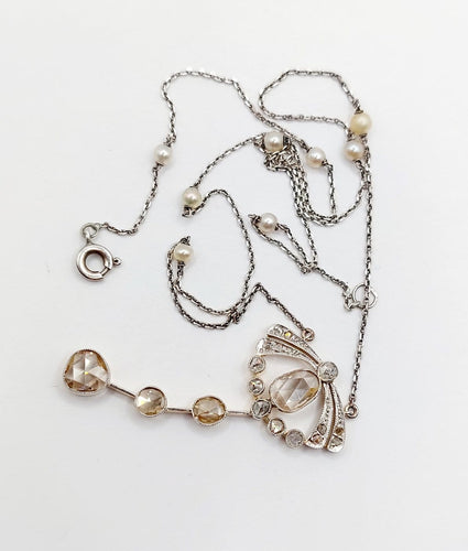 Collier Art déco - Collier en or 18k, platine, argent, diamants taille rose et perles de culture 58 Facettes A06839