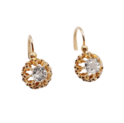 Boucles d'oreilles Dormeuses anciennes en or rose 18k et strass blancs (circa 1900) 58 Facettes A06851