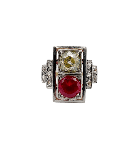 Bague 52 Bague tank Art déco en or rose 18k et platine, diamants et rubis synthétique 58 Facettes A06749