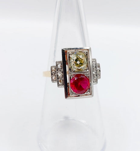 Bague 52 Bague tank Art déco en or rose 18k et platine, diamants et rubis synthétique 58 Facettes A06749