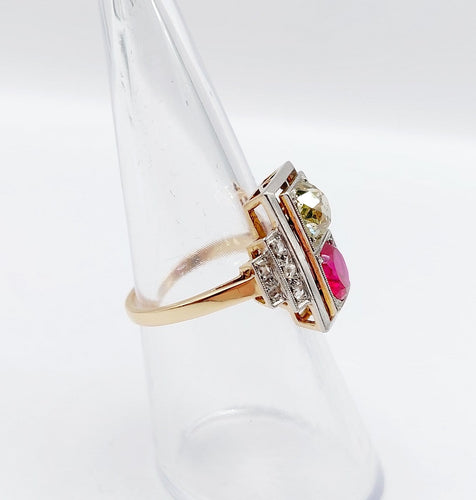 Bague 52 Bague tank Art déco en or rose 18k et platine, diamants et rubis synthétique 58 Facettes A06749