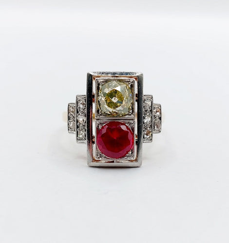 Bague 52 Bague tank Art déco en or rose 18k et platine, diamants et rubis synthétique 58 Facettes A06749