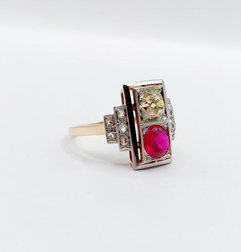 Bague 52 Bague tank Art déco en or rose 18k et platine, diamants et rubis synthétique 58 Facettes A06749