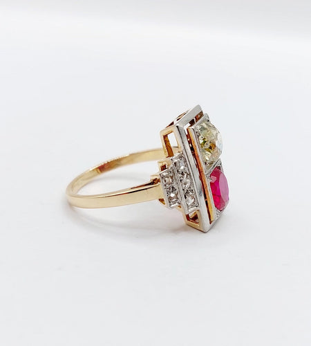 Bague 52 Bague tank Art déco en or rose 18k et platine, diamants et rubis synthétique 58 Facettes A06749