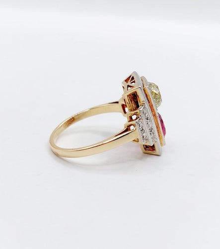 Bague 52 Bague tank Art déco en or rose 18k et platine, diamants et rubis synthétique 58 Facettes A06749