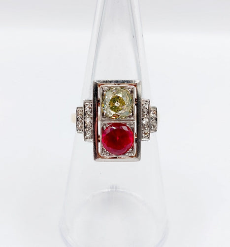 Bague 52 Bague tank Art déco en or rose 18k et platine, diamants et rubis synthétique 58 Facettes A06749
